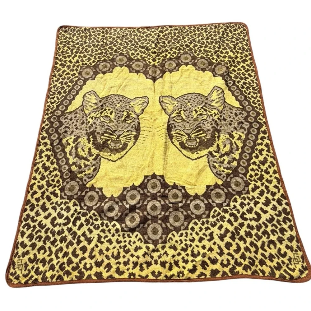 Vintage Cobertor‎ Jaguar Leopard Plush Blanket Brown Yellow Mexico 86x73 Large